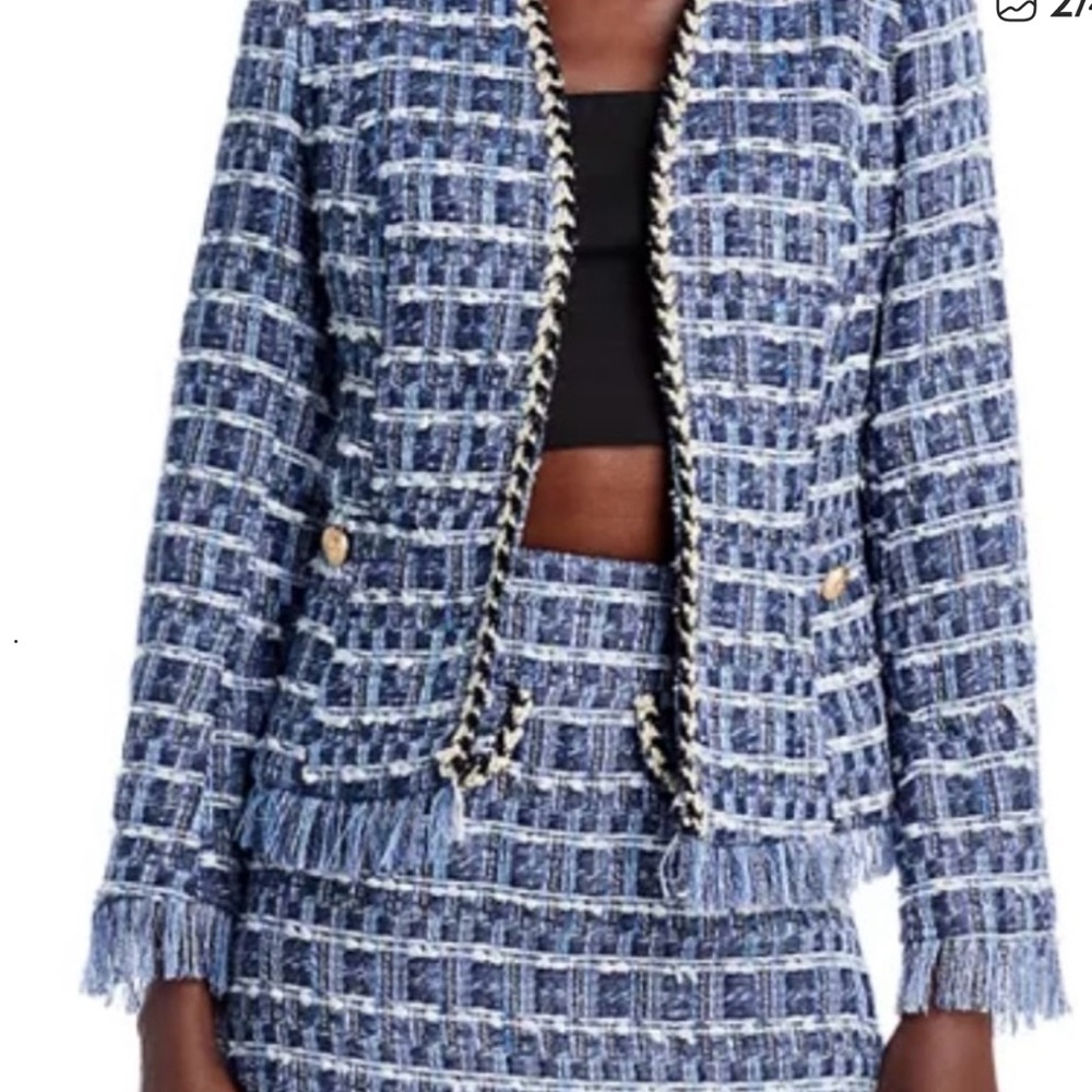 Aqua Checkered Tweed Blazer with Fringe